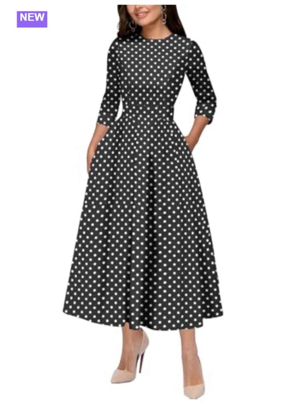 Vintage 1950s Cocktail Midi Dress Cotton Spandex 3/4 Sleeve A-Line Swing